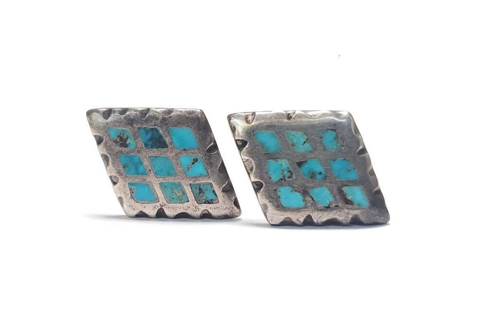 Vintage Zuni Turquoise Inlay Cuff Links: Sterling Silver, ca 1950s